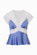 Silk-blend lace peplum top, white lace sleeves over blue satin bodice