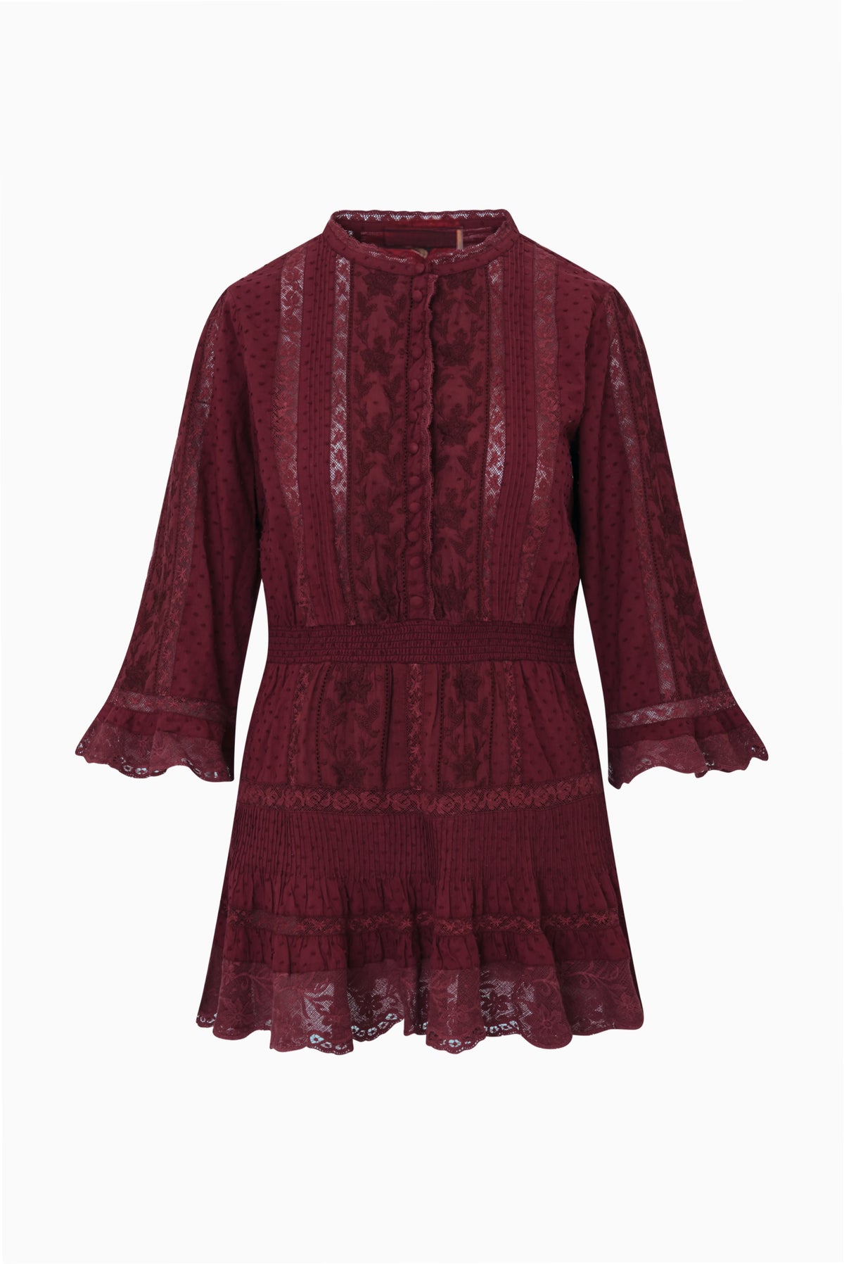 Faded merlot cotton Swiss dot mini dress, long sleeves, high neck and ruffled tiers