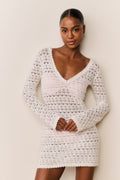 Cream crochet mini cover-up dress with V neckline and long sleeves, fitted mini