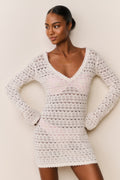 Cream crochet mini cover-up dress with deep V neckline and long sleeves, fitted mini