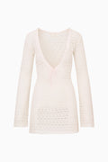 Cream crochet mini cover-up dress with V-neckline and long sleeves, textured pattern