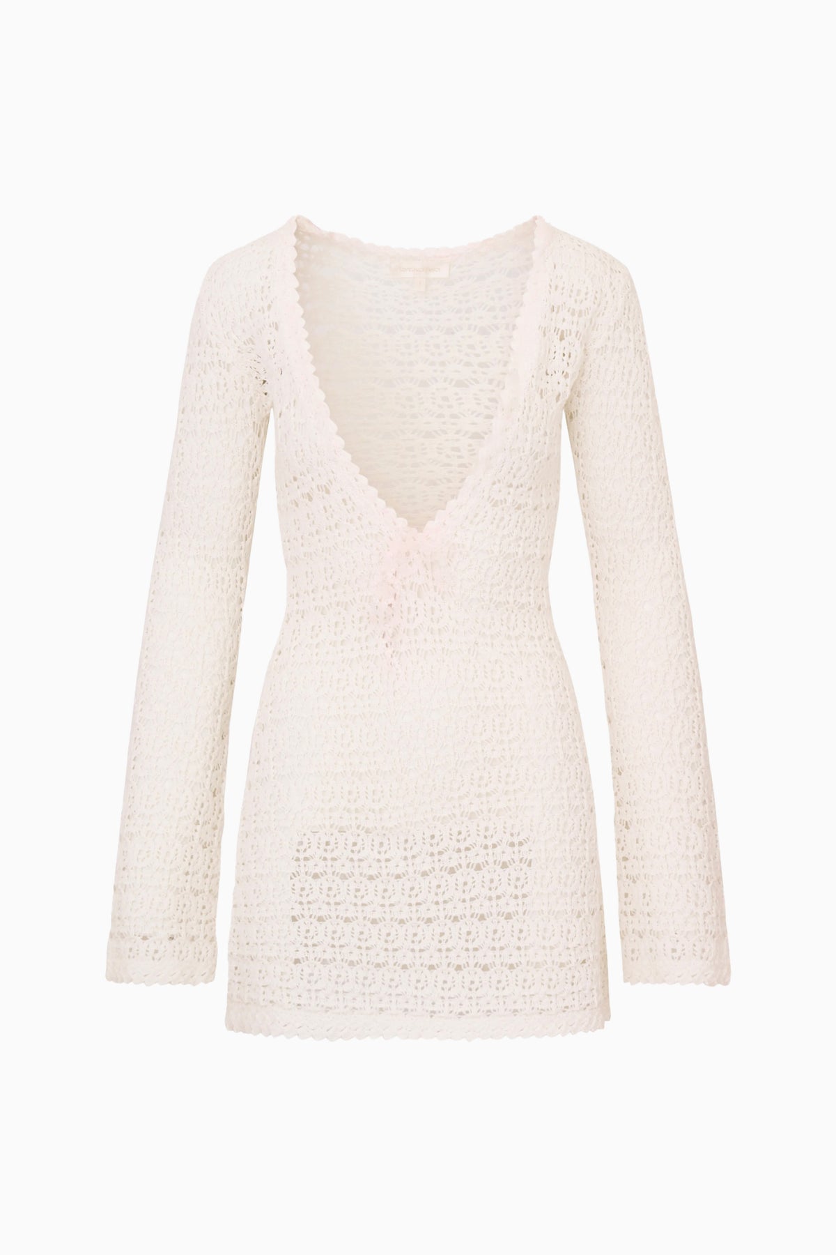 Cream crochet mini cover-up dress with V-neckline and long sleeves, textured pattern
