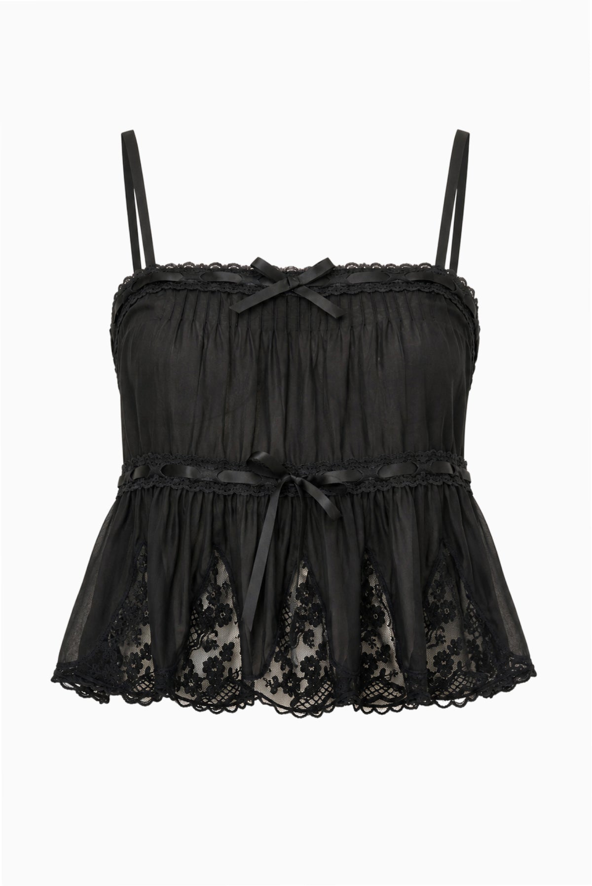 Black lace camisole top with thin straps and gathered tiered design