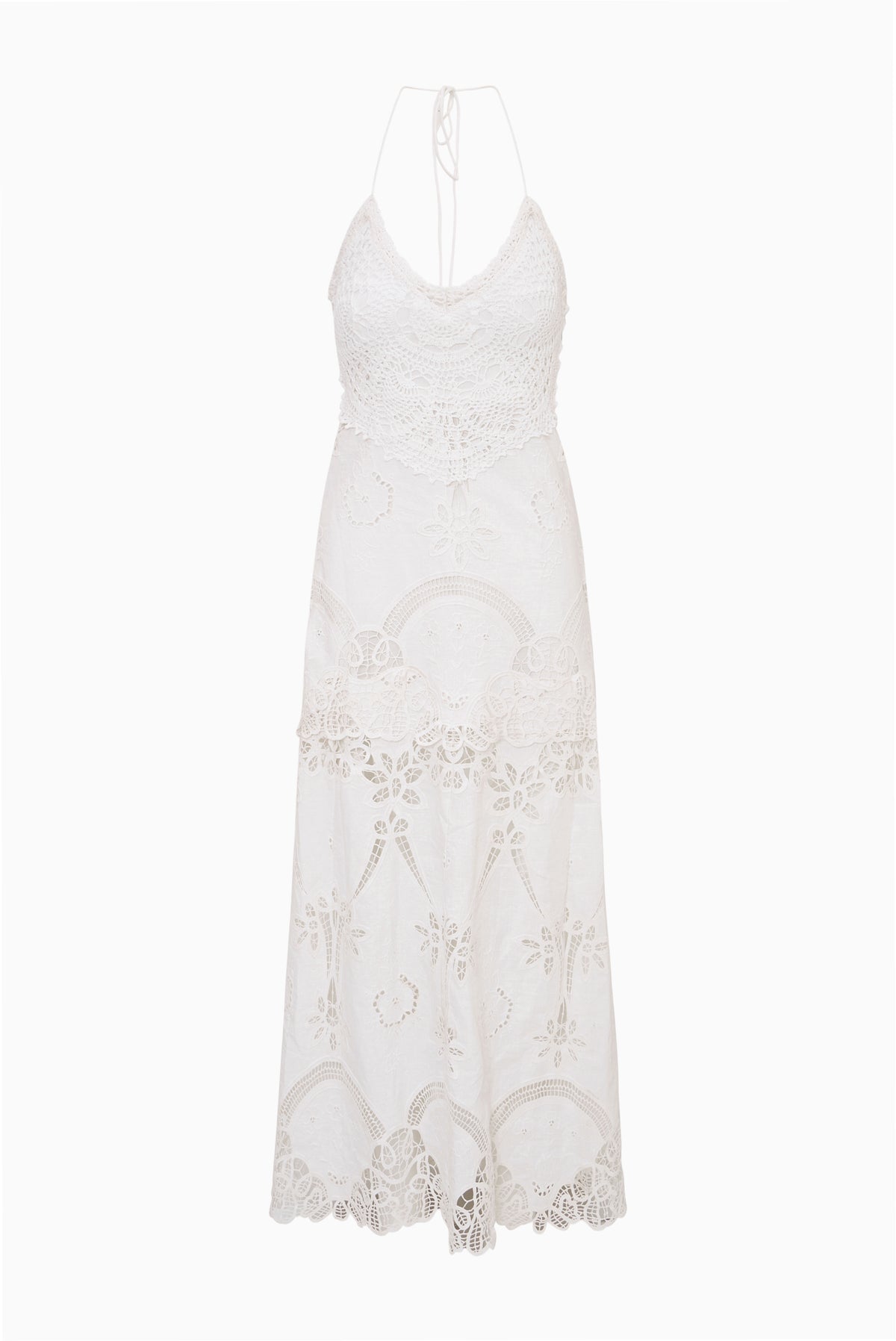 Crochet eyelet maxi dress in optic white, sleeveless with scoop neckline
