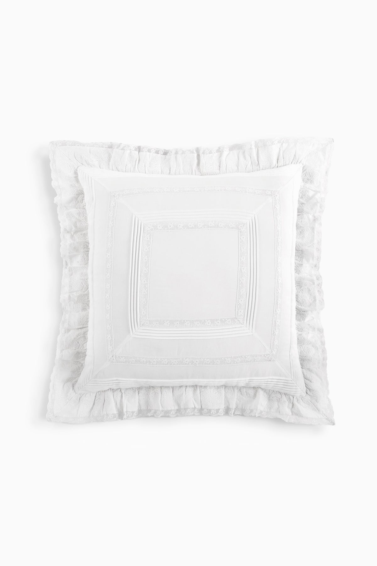White euro pillow with embroidered square center and ruffled border
