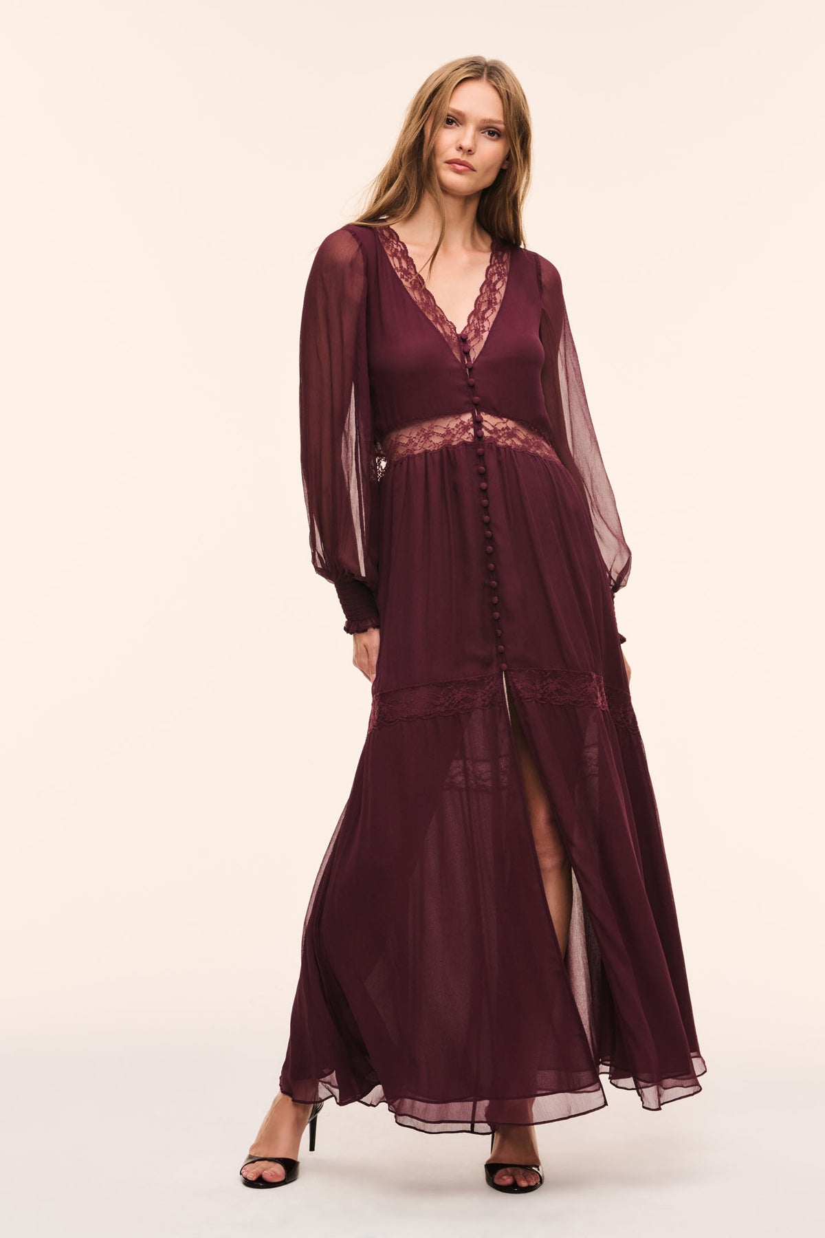 Faded merlot sheer maxi dress with lace V-neck, long sheer sleeves, layered ruffle hem