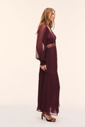 Faded merlot sheer maxi dress with lace V-neck, fitted bodice, long loose sleeves