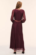 Faded merlot sheer maxi dress with lace back yoke and tiered skirt, long sheer sleeves