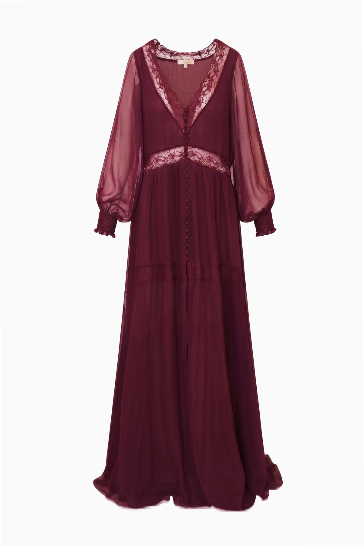 Faded merlot sheer maxi dress with lace-trim V-neck, button front, three-quarter puff sleeves