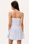 Sky mist cotton mini dress, back view, spaghetti straps and vertical striped tiered skirt