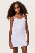 Optic white eyelet linen mini dress with thin straps and scalloped hem