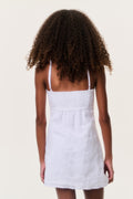 Optic white eyelet linen mini dress, racerback with scalloped hem