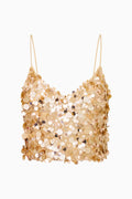 Gold sequin cropped tank top with spaghetti straps, all-over shimmering sequins.