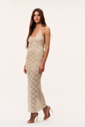 Metallic crochet maxi dress, spaghetti straps, V-neck, openwork pattern—shimmering sand
