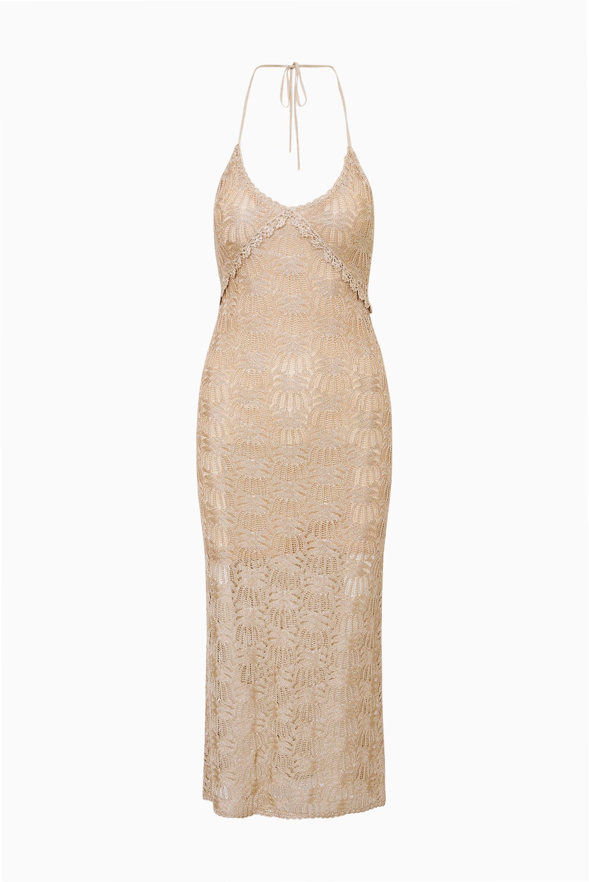 Metallic crochet maxi dress with adjustable spaghetti straps and openwork pattern, sand