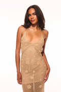 Front view metallic crochet halter dress with sequin floral appliques