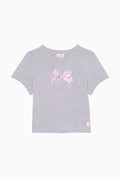 Heather gray cotton baby tee with pink bow graphic on front