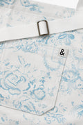 Light blue apron pocket with stitched trim and metal buckle strap