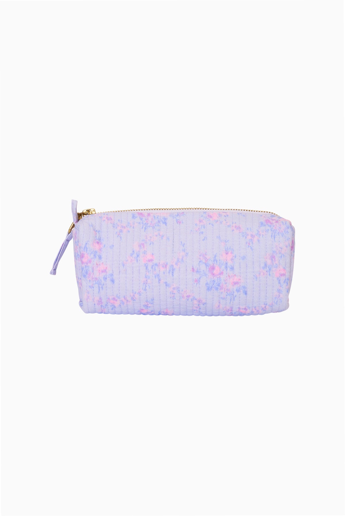 Quilted cotton pencil case, light blue with zipper closure and drawcord pull