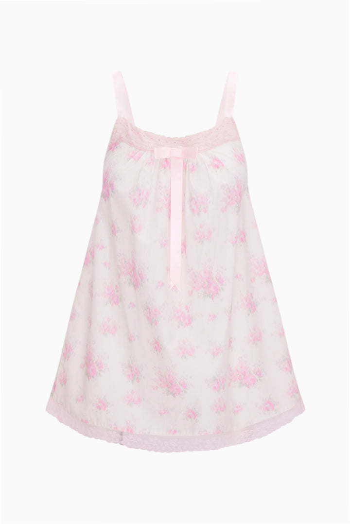 Floral nightgown with spaghetti straps, sheer bodice, lace-trim hem, gathered neckline