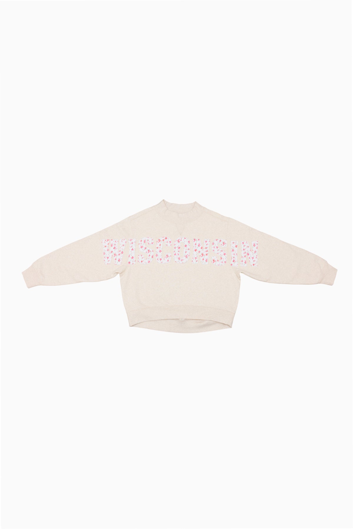 Cream mockneck crew sweatshirt with pink dotted graphic across the upper back