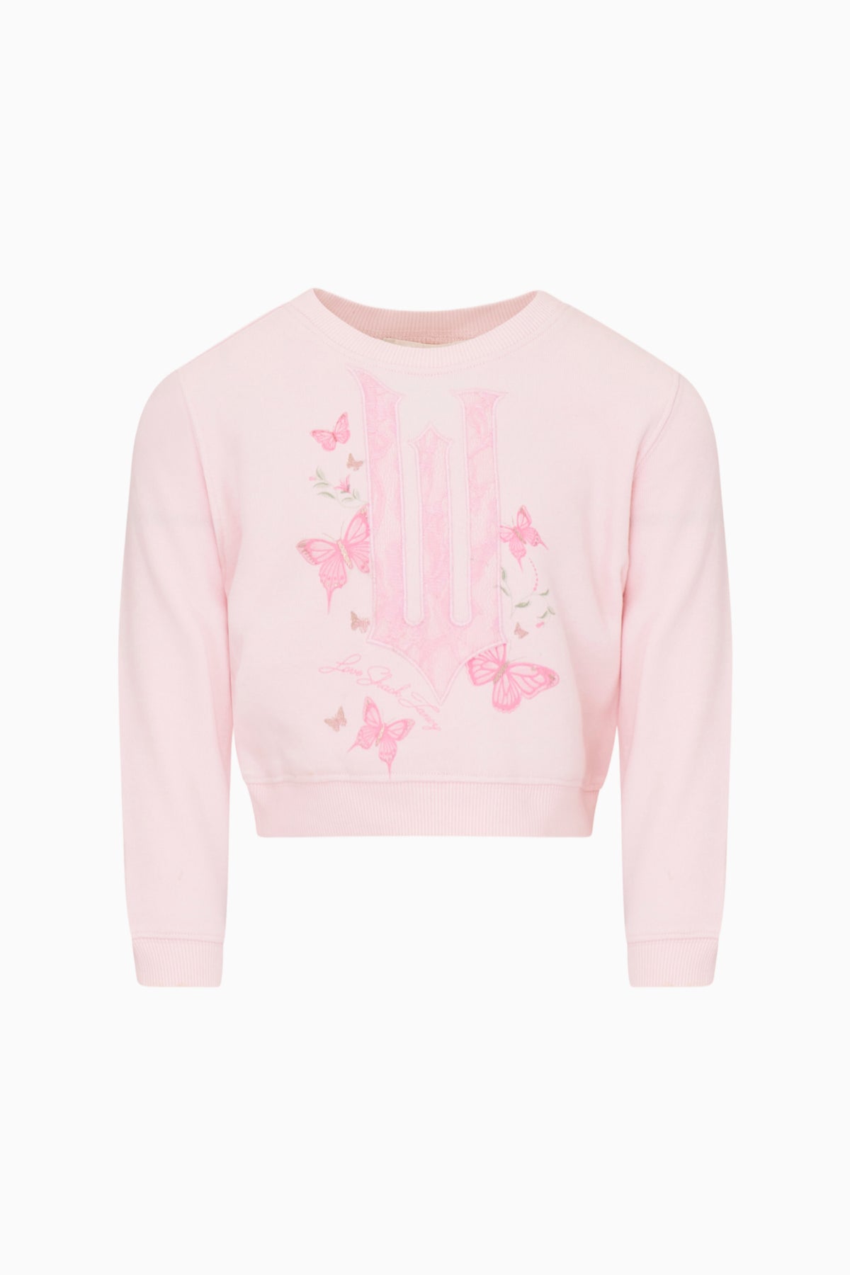 Light pink cropped sweatshirt with butterfly graphic print and long sleeves