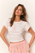 White crew-neck T-shirt with pink logo graphic, short sleeves
