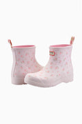 Pair of women’s short rain boots in light purple with pink floral print, side-by-side