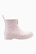Women’s short rain boots in light purple with pink floral print, side view