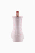 Hunter x LoveShackFancy play short rain boots, lilac pink floral print, back view