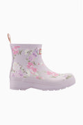 Women’s short rain boots in light purple with purple and pink floral print, side view