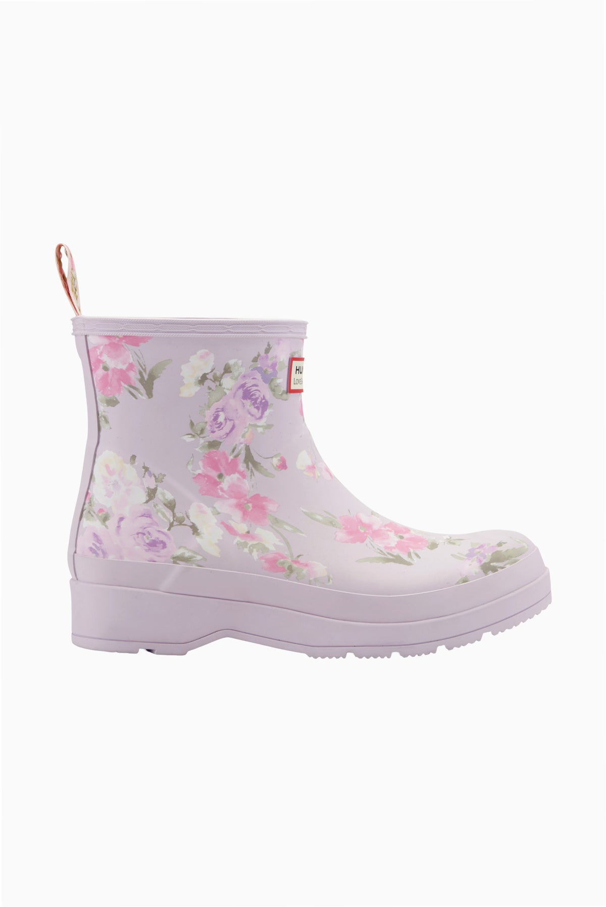 Women’s short rain boots in light purple with purple and pink floral print, side view