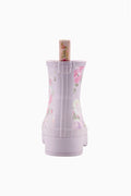 Women’s short rain boots in light purple with pink floral print, side view