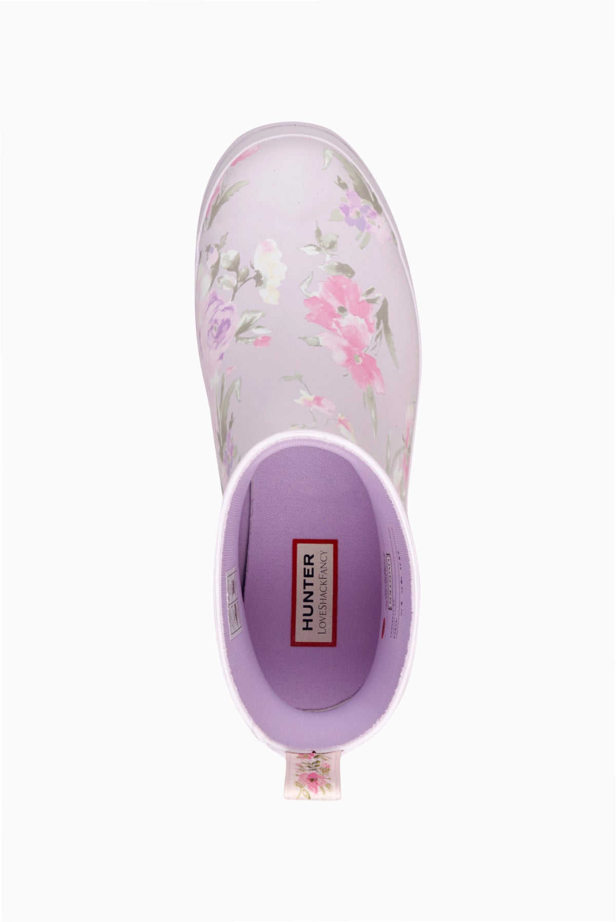 Hunter x LoveShackFancy play short rain boots, lilac with pink floral print