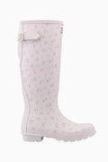 White tall rain boots with pink floral print and adjustable side buckle strap