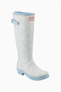 Hunter x LoveShackFancy tall rain boot, light blue with allover floral print and side buckle