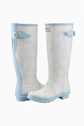Hunter x LoveShackFancy tall rain boots pair, light blue floral print with buckle straps