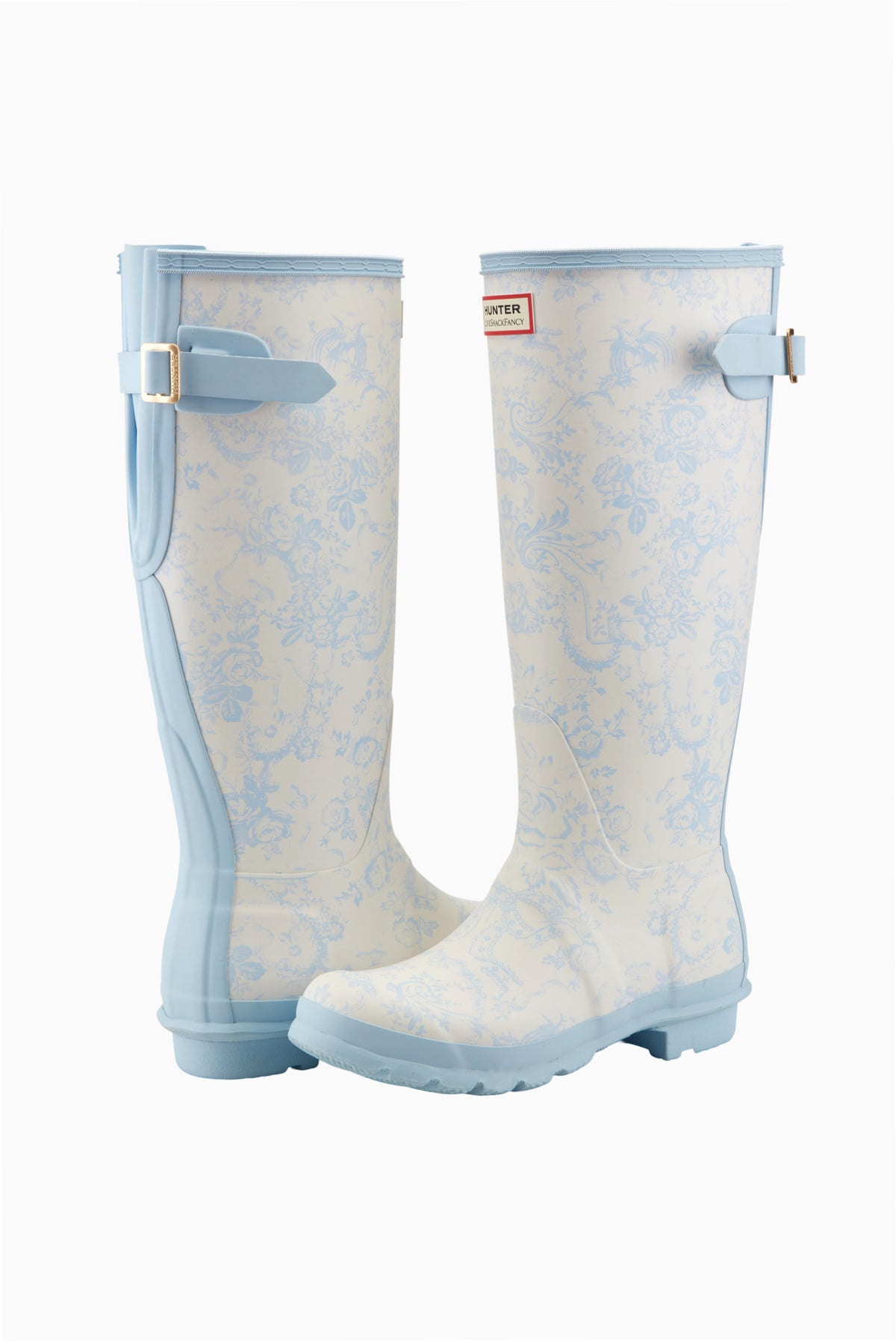 Hunter x LoveShackFancy tall rain boots pair, light blue floral print with buckle straps