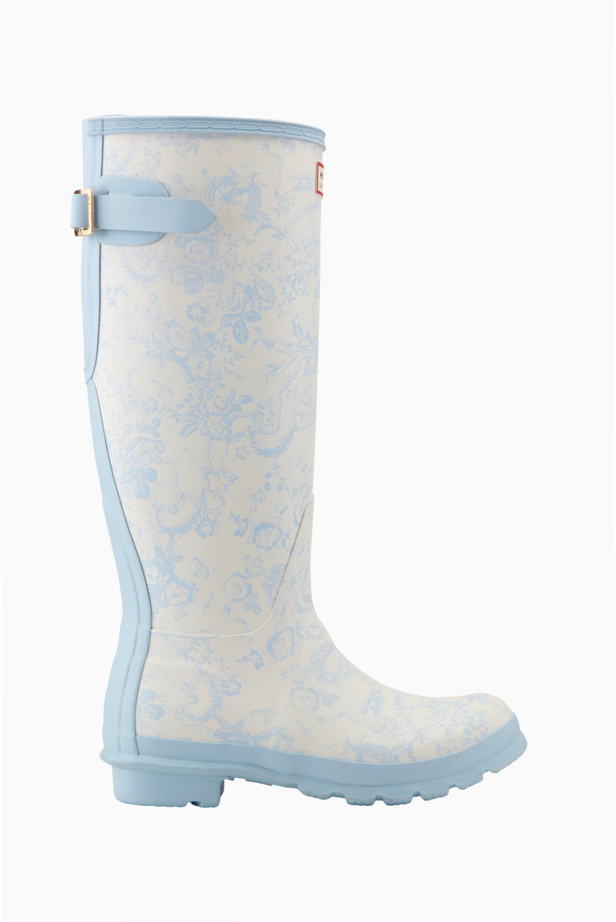 Hunter x LoveShackFancy tall rain boot, light blue with floral print and adjustable buckle strap
