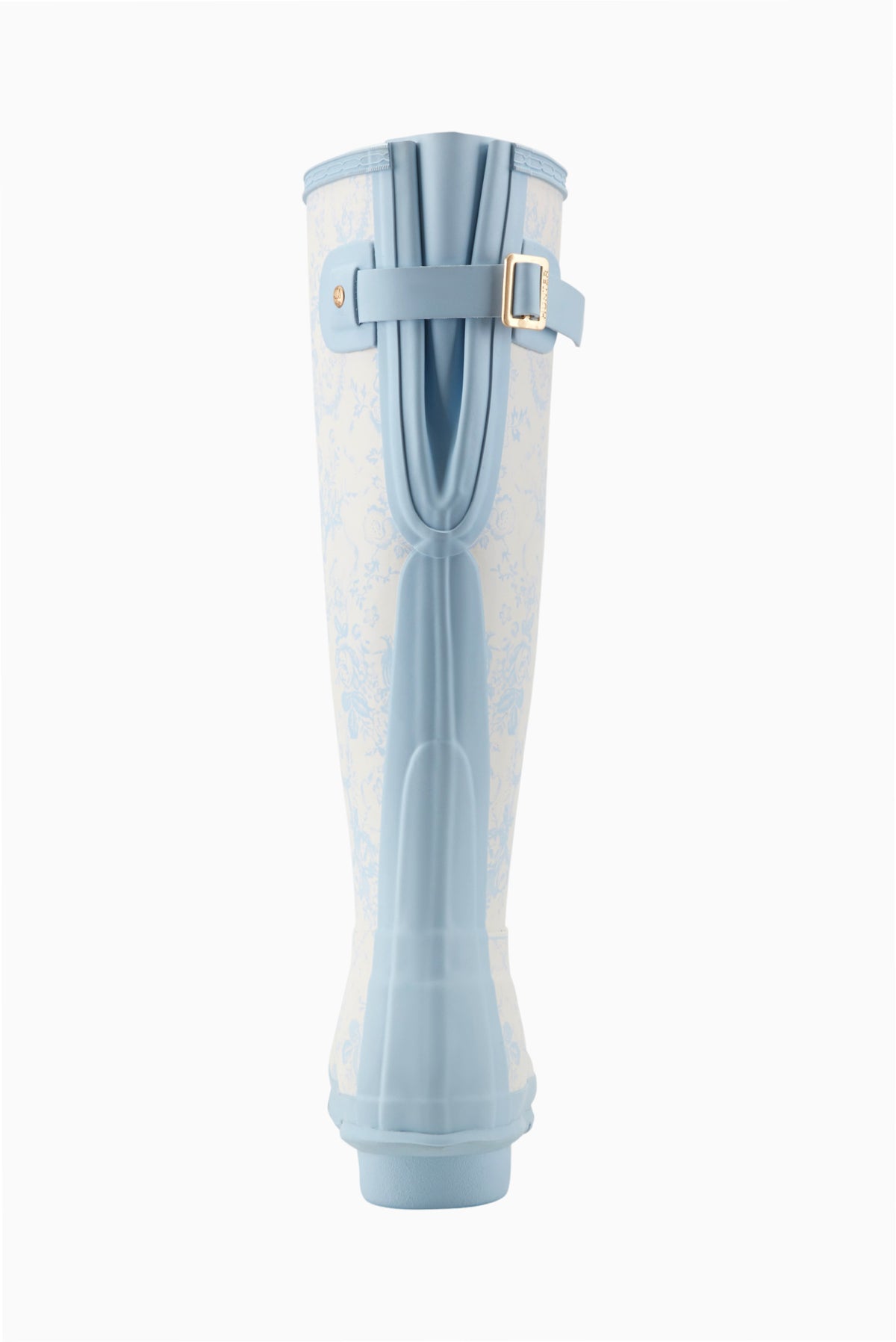 Hunter x LoveShackFancy tall rain boot, back view in light blue with buckle strap