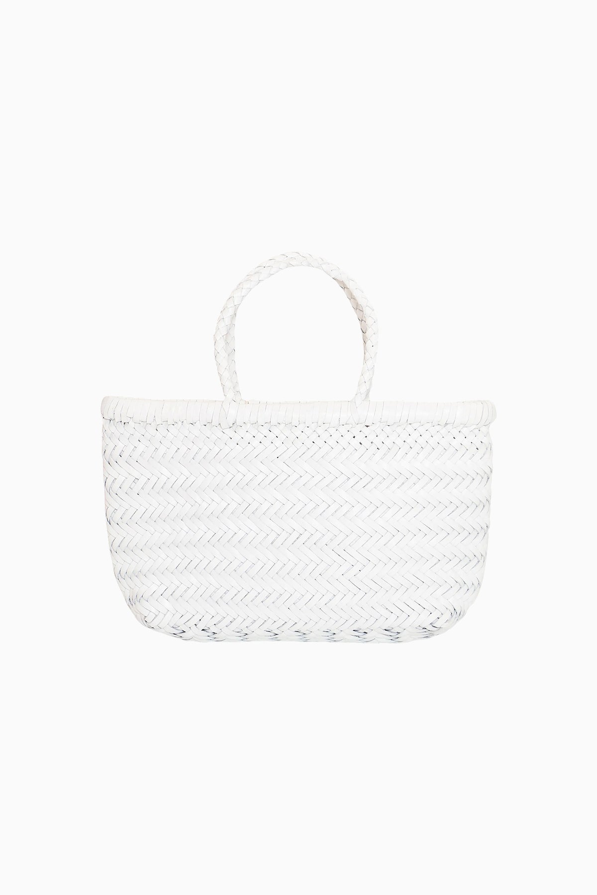 Mini woven tote bag in white with braided top handle and open top