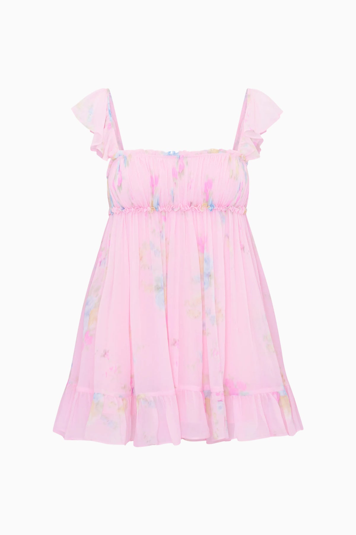 Floral chiffon mini dress in pink with ruched bodice and tiered ruffle hem
