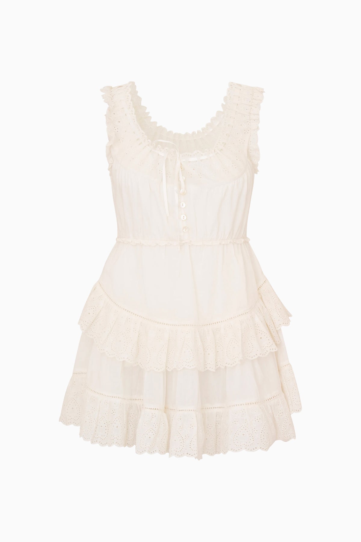 White cotton mini dress with eyelet ruffle trim and button-front bodice