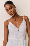 Floral cotton mini dress with lace-trim V-neck and button front bodice