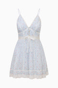 Floral cotton mini dress with lace-trim straps and tiered skirt, button front
