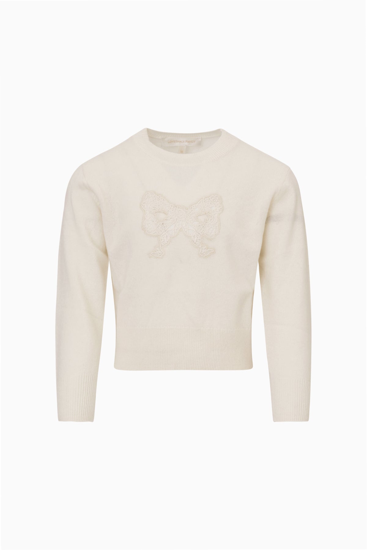 Ivory crewneck pullover sweater with lace bow applique and long sleeves