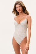 Floral one-piece swimsuit with V neckline, spaghetti straps, and bust tie