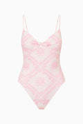 Ivory one-piece swimsuit with pink toile print, sweetheart neckline, thin straps