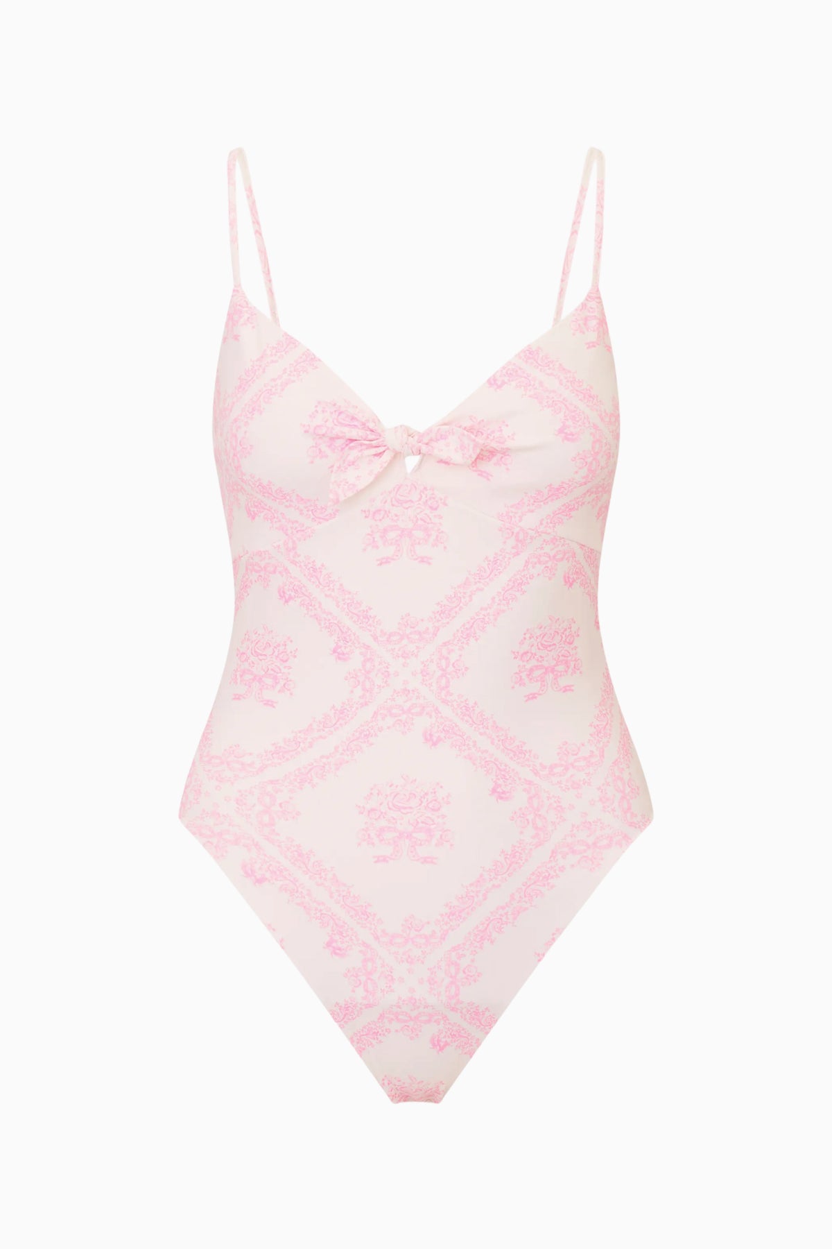 Ivory one-piece swimsuit with pink toile print, sweetheart neckline, thin straps