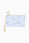 Floral keychain wallet with gold zipper, gold chain and star charm, light blue